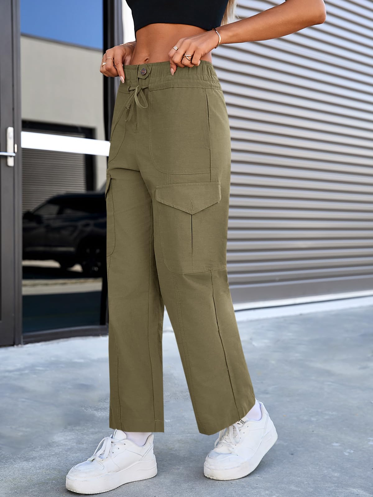 Cicy Bell Womens High Waisted Cargo Pants Straight Leg Ankle Length Drawstring Cotton Casual Hiking Work Pants with Pockets