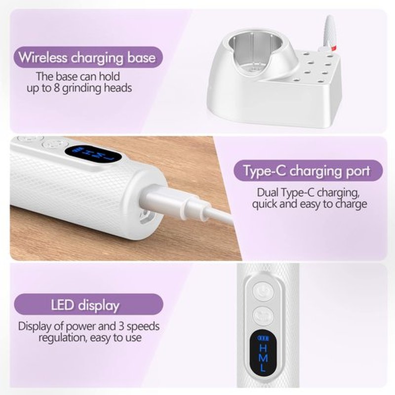 Electric Nail File Cordless Professional Nail Drill for Acrylic Nails,Gel Nails Salon Home Use Nail Drill Machine,Drill Ara Uñas Profesional White