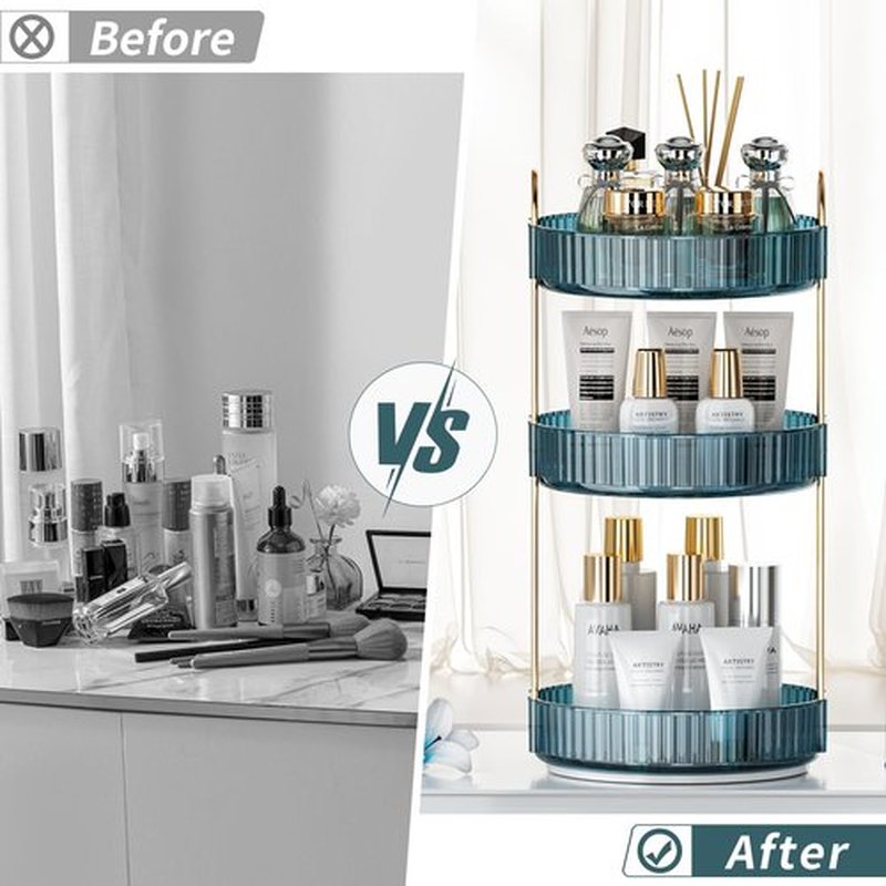 INVSSENE 360° Rotating Makeup Organizer, Bathroom Organizers and Storage Holder Rack, Large Capacity Vanity Shelf Countertop, Fits Cosmetics, Perfume, Skin Care(Blue, 3 Tiers)