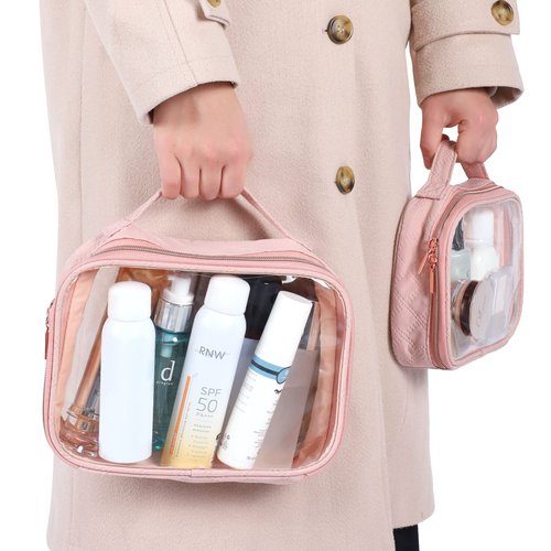 PACKISM TSA Approved Toiletry Bag - 180° Large Opening Clear Makeup Bags with Handle, Suitable for Gifts, Clear Toiletry Bags for Traveling Travel Essentials, Rose Pink
