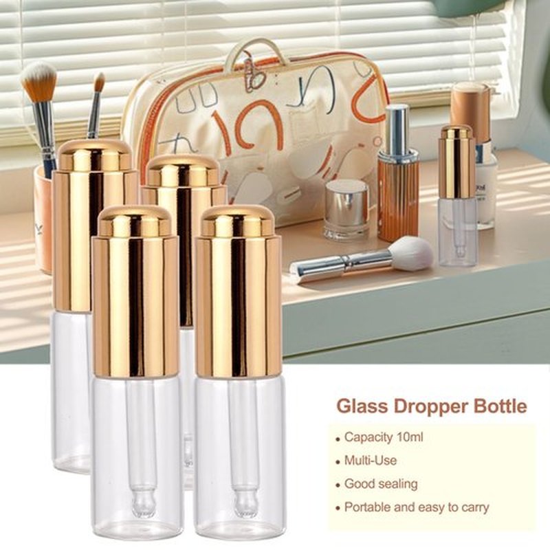 Ellbest 8Pcs 10ml Clear Press Dropper Bottles, Empty Refillable Essential Oil Bottles Container Perfume Cosmetic Bottle Travel Pressing Dropper Bottle, Gold Cap