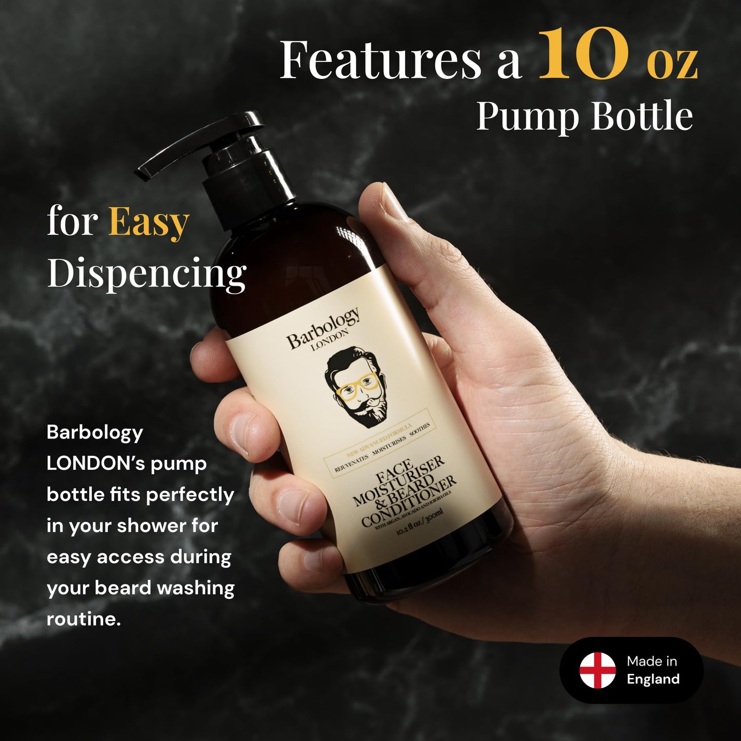 Barbology LONDON 2-in-1 Beard and Face Moisturizer with Jojoba Oil, Argan Oil, and Avocado Oil, Conditions Dry, Itchy and Coarse Facial Hair, 10oz Pump Bottle