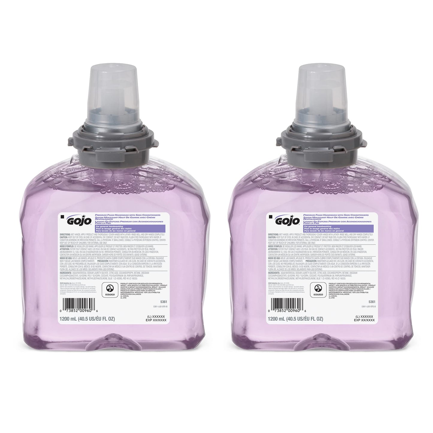 GOJO Premium Foam Handwash with Skin Conditioners, Cranberry Scent, EcoLogo Certified, 1200 mL Foam Hand Soap Refill TFX Touch-Free Dispenser (Pack of 2) – 5361-02