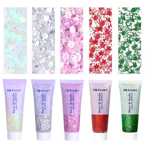 Face Body Glitter, Hair Glitter Sparkles Chunky Body Face Glitter Gel for Girls Makeup Singer Concerts Mermaid (White+Silver+Pink+Red+Green)