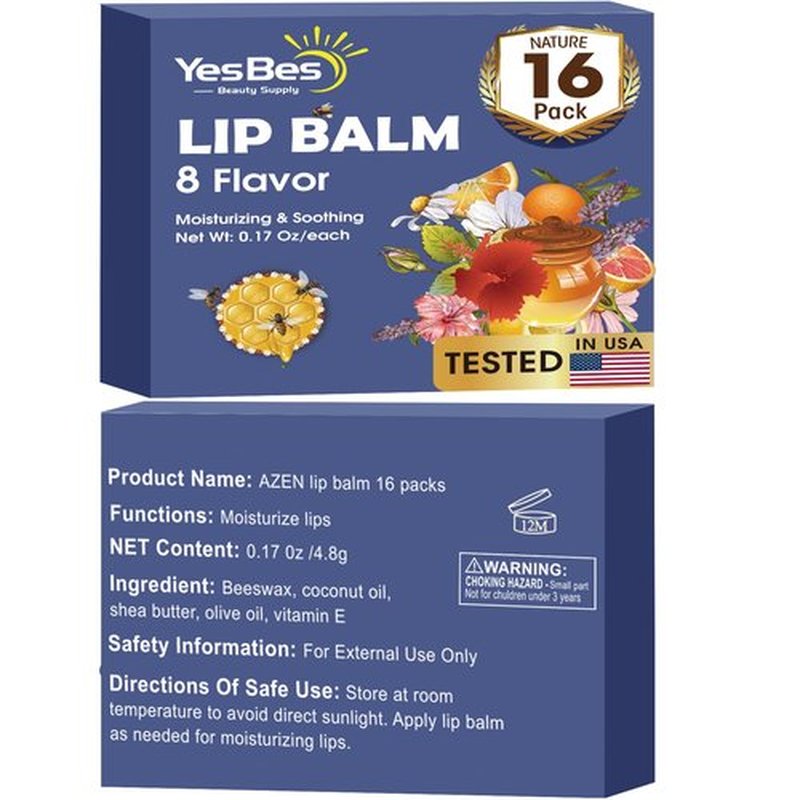 YesBes 16 Pack Lip Balm, Natural Lip Balm Bulk with Vitamin E and Coconut Oil, Moisturizing Lip Balm for Dry Cracked Lips, Lip Balm for Stocking Stuffers - 8 Flavors