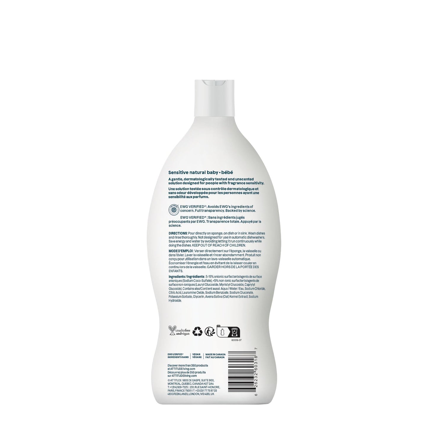 ATTITUDE Baby Bottle & Dish Soap with Oat Extract, EWG Verified Bottle Cleaner For Sensitive Skin, Fragrance Free & Dye Free, Removes Milk Residue & Grease, Vegan, Unscented, 23.7 Fl Oz