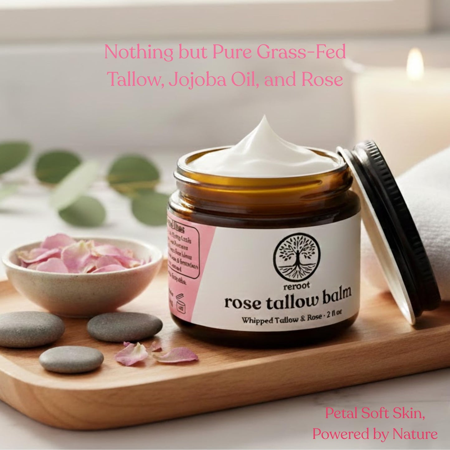 Beef Tallow Balm for Skin | ROSE TALLOW BALM | 3 Ingredients - 100% Grass Fed Tallow, Jojoba Oil, Rose Oil | Whole Body & Face Moisturizer | Whipped | Aging Skin & Eczema (2oz) (2oz, Rose)