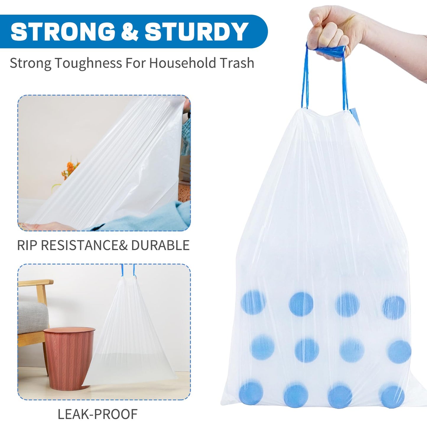 4 Gallon Trash Bags Drawstring, Small Trash Bags Tear-Free, 4 Gal Unscented White Small Garbage Bags, Separated Thick Plastic Wastebasket Liners for Toilet Home Office and Bedroom, 60 Count
