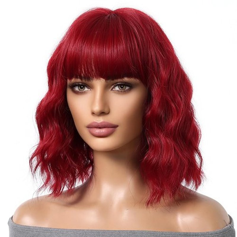 MAGQOO Wine Red Wigs for Women Burgundy Bob Wigs with Bangs Shoulder Length Curly Wavy Dark Red Wigs for Girls Costume Cosplay Halloween Wigs with Wig Cap