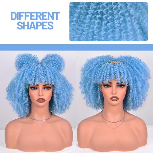 Vitorish Short Kinky Curly Wigs for Black Women 12 Inches about 280g/Piece Curly Afro Wig with Bangs Full Machine Made Blue Afro Wig Bouncy Fluffy Synthetic Cosplay Wig (Light Blue)