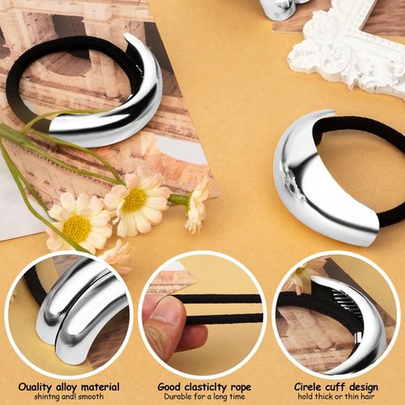 Silver Hair Cuffs 3PCS Silver Ponytail Cuff Hair Tie for Women Metal Hair Cuff Wrap for Thick Hair Cute Geometric Hair Accessories