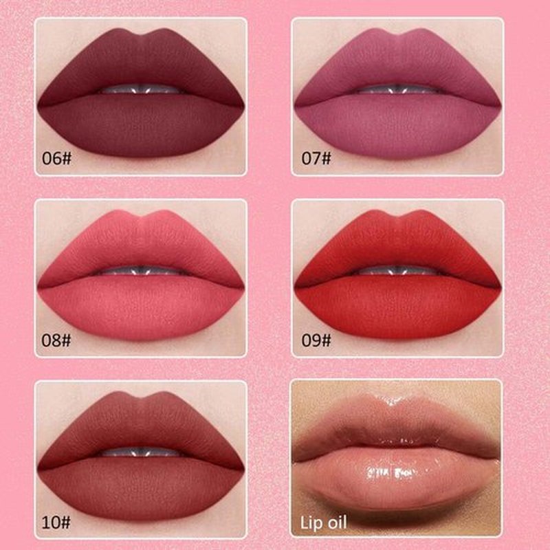 JUAAZIN 5Pcs Matte Liquid Lip Sticks + 1Pcs Liquid Lip Oil Set, Dark Scarlet Rich Maroon Brick Red Rufous Dark Brown Lipstick Set, Rich Colors Long-Lasting Wear Not Fade Waterproof Lip Gloss(set2
