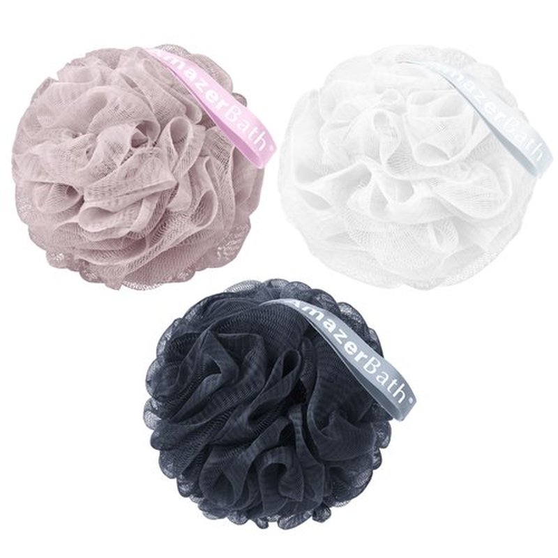 AmazerBath Loofah Sponge 60g/PCS, Shower Loofah for Men and Women - Body Scrubber Loofa Set of 3, Bath Sponge - Grey Blue-Pink-White
