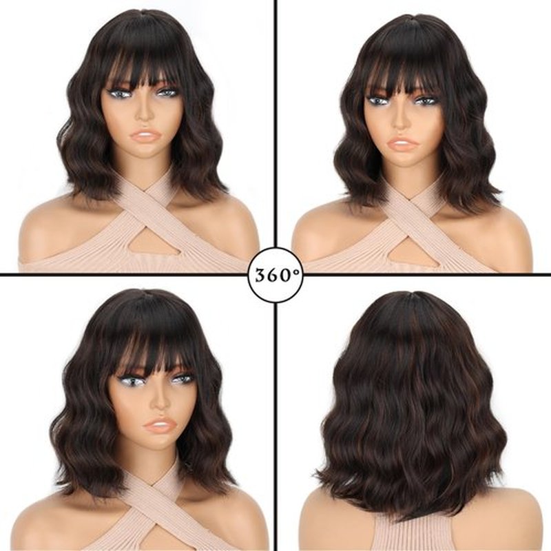 LINGHANG Black Wig with Highlights,Short Wavy Black Wigs with Bangs Shoulder Length Bob Curly Wavy Black Wigs for Women Synthetic Cosplay Wig for Date Daily Use