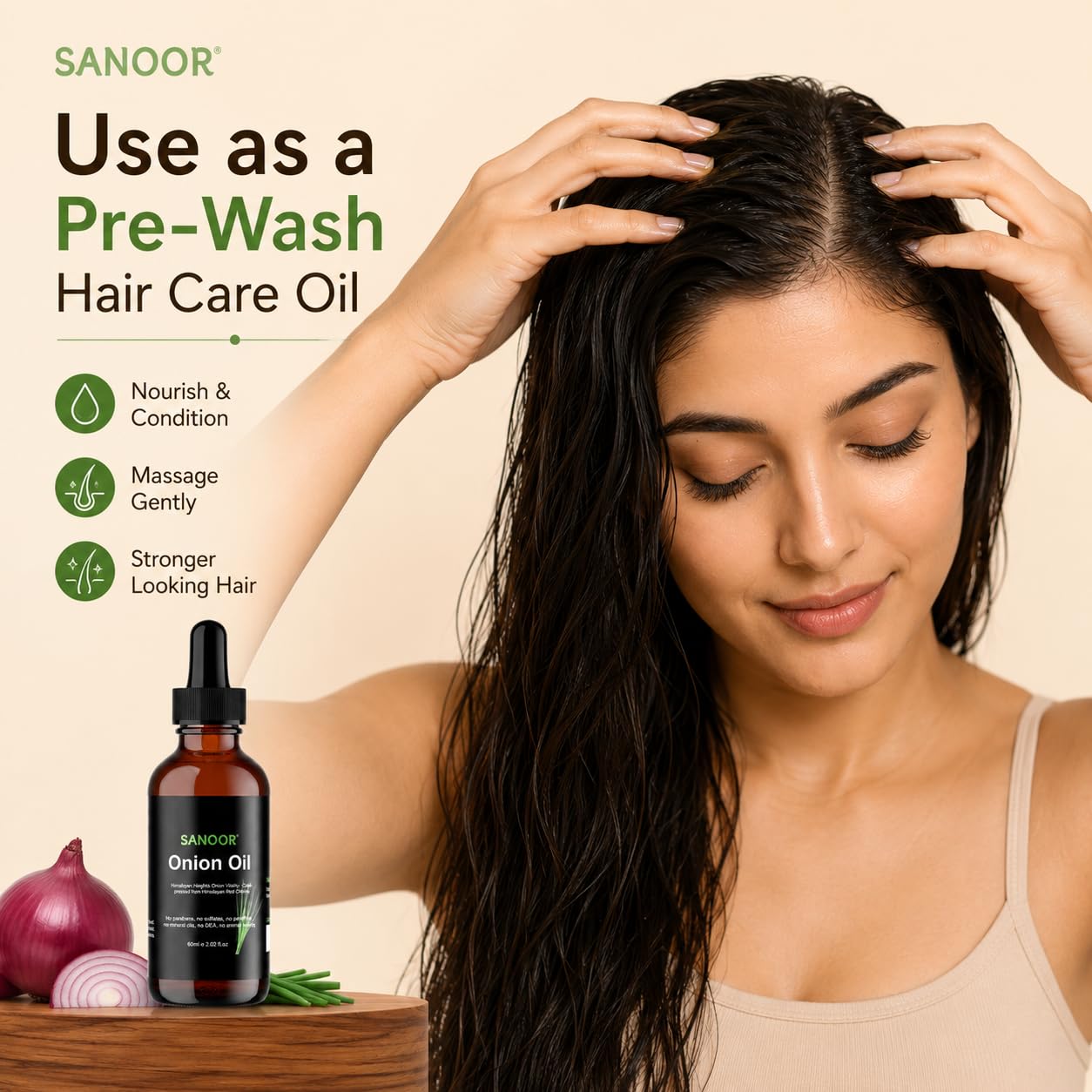 SANOOR Himalayan Red Onion Hair Oil | Lightweight Conditioning Oil for Hair & Scalp | Helps Smooth Frizz, Add Shine & Nourish Dry-Looking Hair | 60 ml