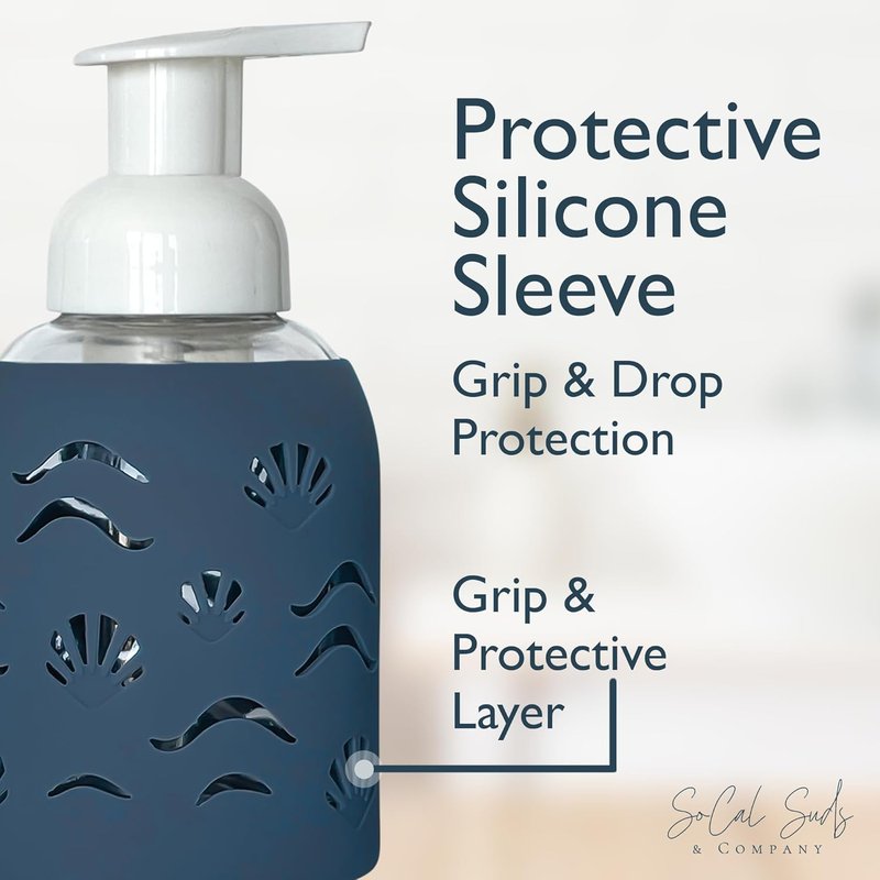 Foaming Glass Hand Soap Dispenser with Pump - Refillable Kitchen & Bathroom Soap Bottle | Storm Blue 8oz, Non-Slip Silicone Sleeve