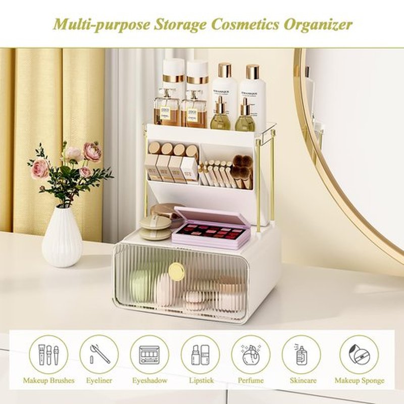 FOLLOWIN Makeup Organizer with Storage Drawer,Cosmetic Display with Lipsticks Brush Holder Perfume Tray,Organize Cosmetics and Beauty Supplies for Vanity,Dresser,Bathroom,Desktop Organizer,Clear