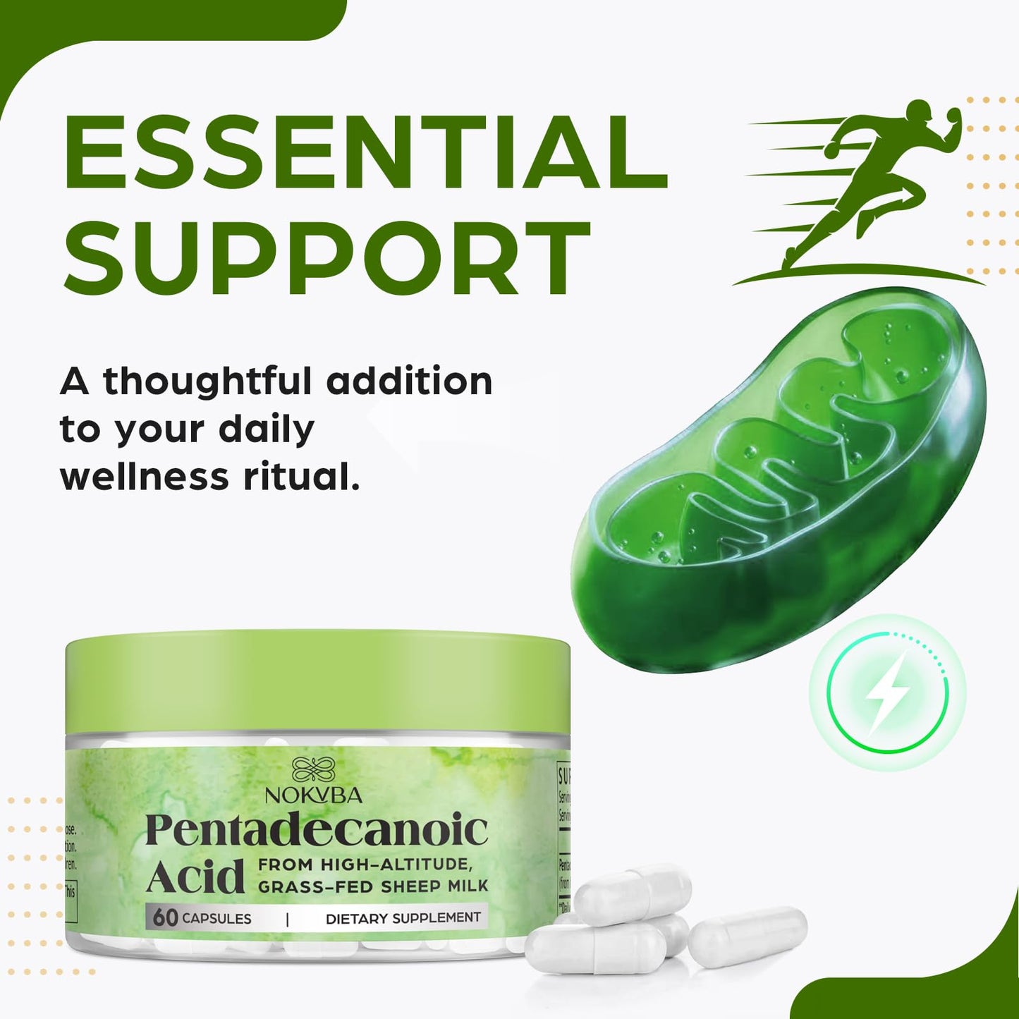 Nokuba Pentadecanoic Acid C15:0 Supplements 300mg High-Altitude Sheep Milk Sourced | 60 Capsules