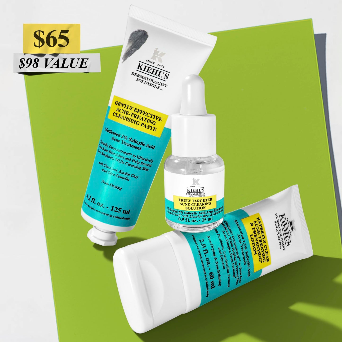 Kiehl's Acne Skincare Routine Gift Set, $98 Value, Includes Face Wash, Pimple Patch, and Facial Cream, Clears Acne, Shrinks Pore Size, Helps Clear Whiteheads and Blackheads, Prevents Breakouts.