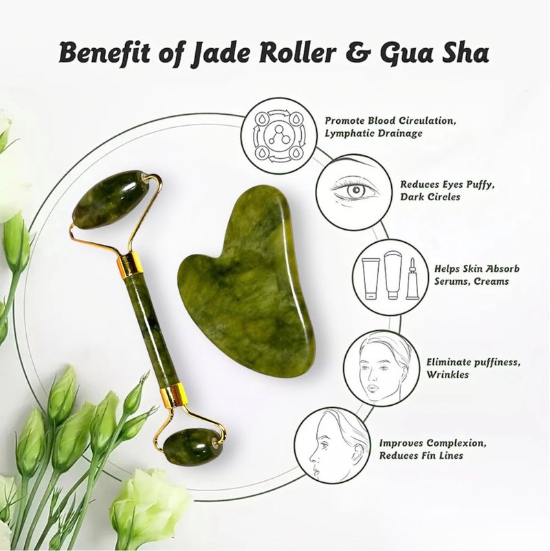 VIVIDUS Gua Sha and Jade Roller Set - Facial Massage Tool for Wrinkle Reduction | Green Self-Care Gift Set
