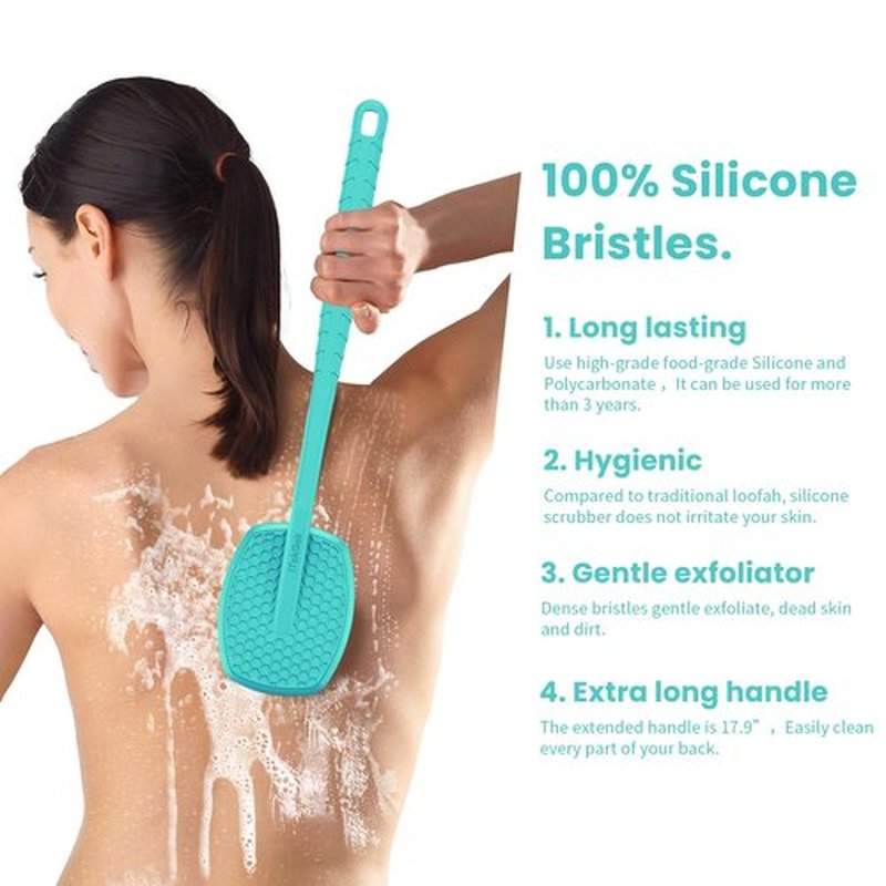 iTokGoK® All New Premium Silicone Back Scrubber with Tire Anti-Slip Long Handle for Shower, Gentle Exfoliating and Massage Brush Scrubber for Sensitive Skin for Men and Women (Mint Green)