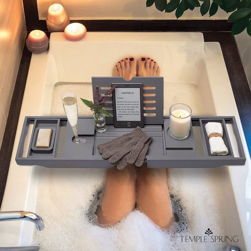 Temple Spring Bathtub Caddy Tray - Extendable Bath Tray for Bathtub with Candle, Wine Glass, Book, Pad & Phone Holders - Adjustable Bathtub Tray Over tub w/Bathroom Accessories - Grey