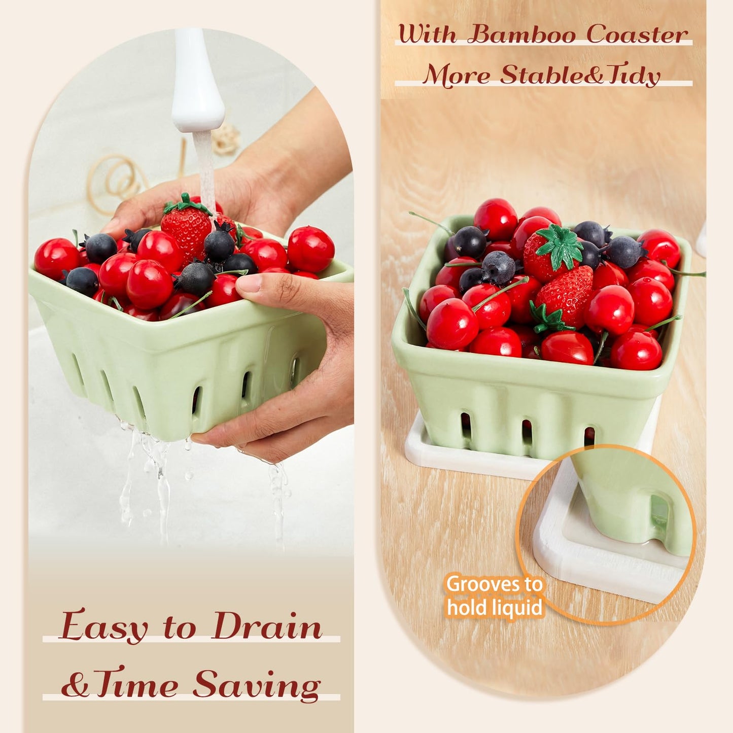 LemonRoad 3 Pcs Ceramic Berry Basket, 5.7" Square Fruit Bowl Colander Container with 1 Coaster 1 Sandpaper for Strawberry Grape Farmhouse Kitchen Decor, Summer BBQ Party Supplies(Light Green)
