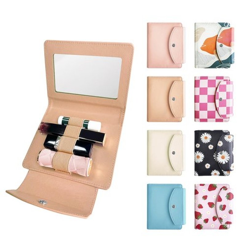 LAOTANGJIA PU Lipstick Case Holder with Mirror,Holds 4pcs of Long Lipsticks,Lipstick Holder,Makeup Travel Cases Organizer Bag for Outside Mini Bag Pouch,for Gift Women