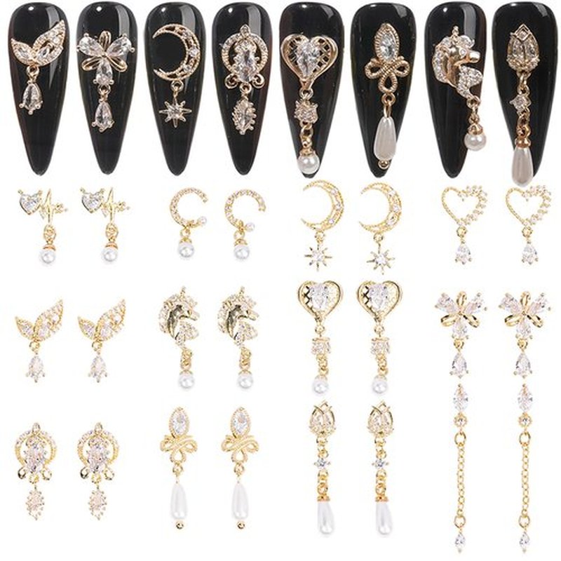 24pcs Gold Nail Charm Nail Art Metal Alloy Luxury White Zircon Rhinestone for Nail Shiny Nail Crystal Gemstone Jewelry Nail Diamond Rhinestone Charm for Girl Woman Craft DIY Nail Art Decoration