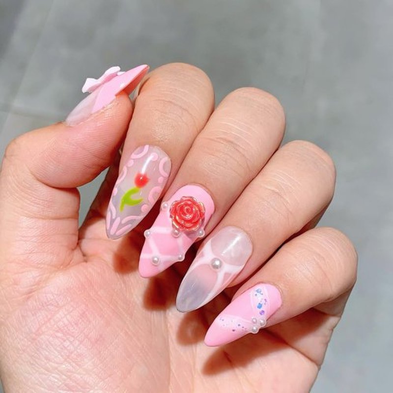 Handmade Press On Nails Short Almond,GlimightyX Thick Soft Gel UV Cured Pink Press On Nails Reusable,Flowers Pearl Bow Glue on Nails Kit,10 Nails Size XS,Fairy Garden