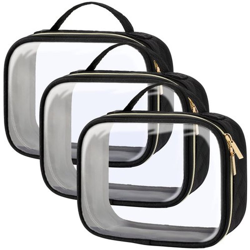 PACKISM TSA Approved Toiletry Bag, 3 Pack Clear Makeup Bags with Handle Large Opening, Clear, Fit Carry-on Travel Essentials, Quart-sized Clear Travel Bags, Black