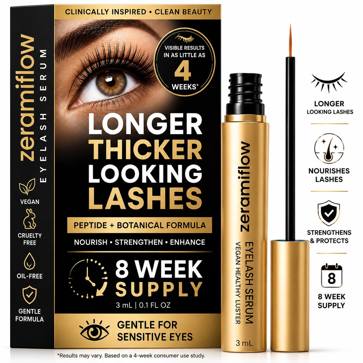 ZeramiFlow Eyelash Serum – Fuller, Longer-Looking Lashes, Vegan Lash Enhancing Serum with Peptides & Panax Ginseng, Gentle for Sensitive Eyes, Oil-Free, 0.1 fl oz