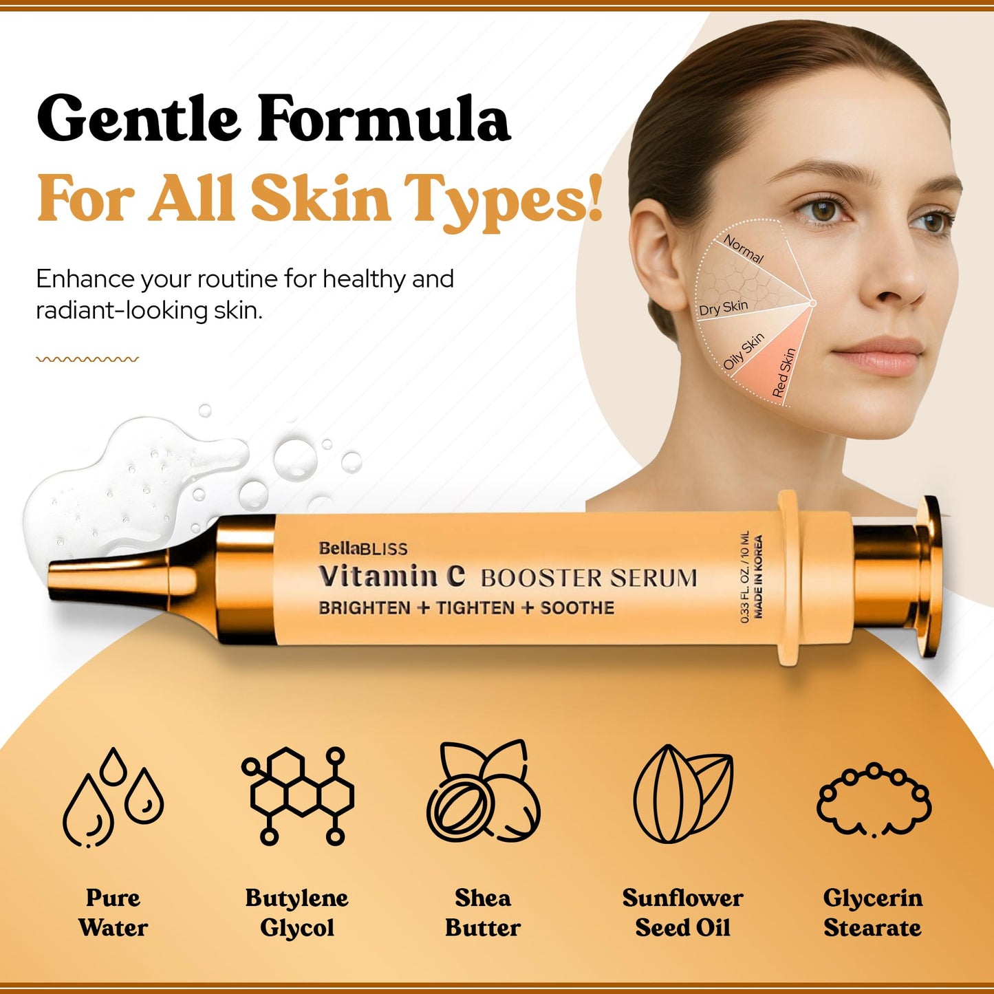 BellaBLISS 24K Gold Vitamin C Eye Serum – Lightweight Under Eye Treatment for Puffiness, Fine Lines & Soothing – Hydrating Formula with Glycerin – Made in Korea – 0.33 fl oz / 10 ml – Pack of 1