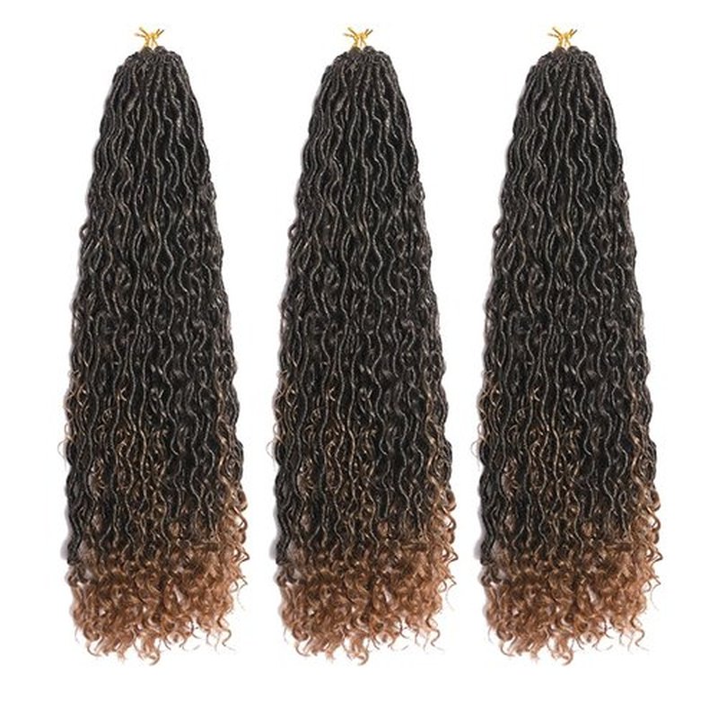 BALINGHAIR Goddess Locs Crochet Hair Black to Light Brown 22 Inch 3 Packs Bohemian Faux Locs Crochet Hair With Curly Ends Pre Looped Hair Extensions 16 Roots/Pack(1B/27)
