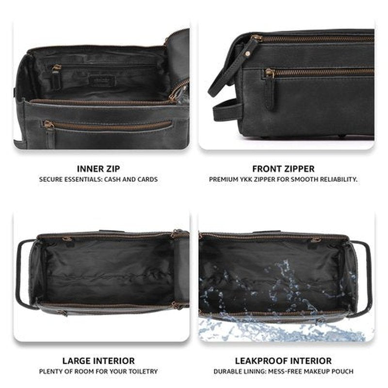 LEATHER VILLAGE Premium Leather Travel Toiletry Bag - Unisex Water-Resistant Travel Dopp Kit, Shaving & Cosmetic Organizer for Men & Women - Compact Bathroom Essentials - Distressed Black