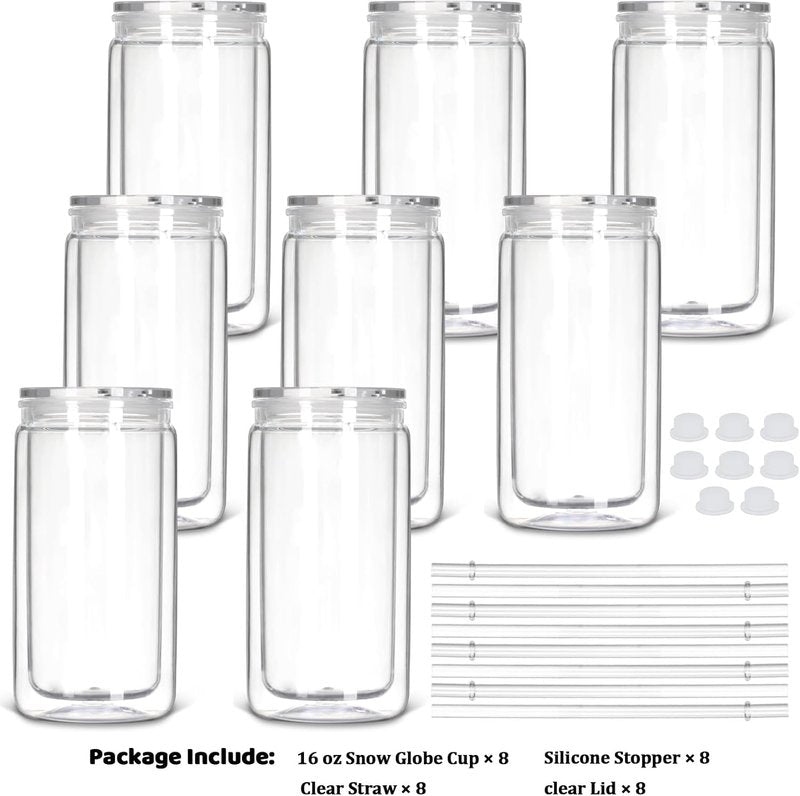 Snow Globe Tumbler - 16 Oz Double Wall Plastic Can with Lid & Straw | 8 Pack for DIY Glitter Gifts