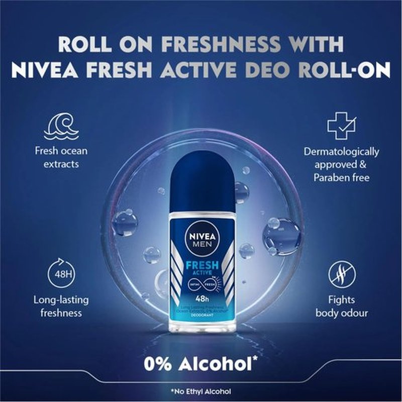 NIVEA FRESH ACTIVE, ROLL-ON – FREE ALCOHOL, ANTIPERSPIRANT DEODORANT, 48 HOURS PROTECTION, 1.7 OZ (Pack of 6) ,3