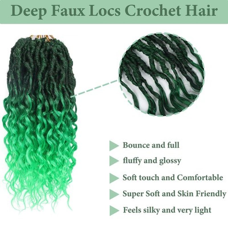 Faux Locs Crochet Hair 14 Inch 8 Packs Goddess Locs Crochet Hair with Curly Ends Soft Locs Crochet Braids Pre Looped Deep Wave Crochet Braids for Black Women(Black mixed Green)