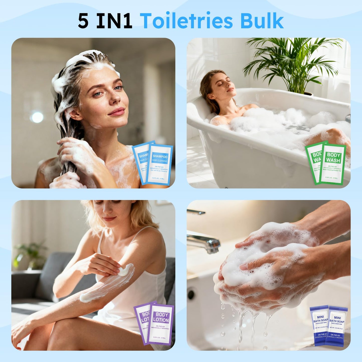 10 Pcs 5-IN-1 Hotel Soaps and Toiletries Bulk Set,5-Piece Set 0.35 oz each Packets Shampoo,Conditioner, Body Wash and Lotion,0.53 oz Soap Mini Travel Size Toiletries Supplies kit for Guests,Homeless