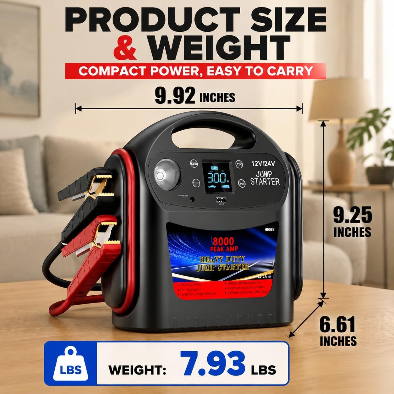 8000A Car Battery Jump Starter, Heavy Duty Jump Box for Gas & Diesel Vehicles, 12V/24V Portable Power Pack with LED Light for Trucks, SUVs, Commercial & Diesel Engines
