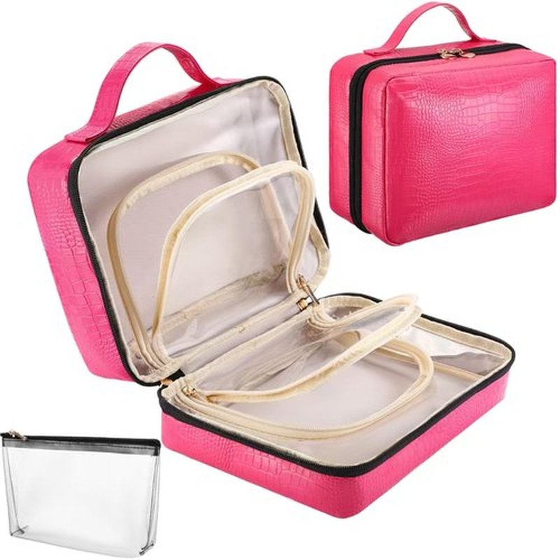 ZQQZAN Travel Cosmetic Bag - Leather Makeup Bag Organizer with Clear Makeup Pouch, Open Flat Design with Large Capacity, Travel Makeup Case for Women Girls, Hot Pink