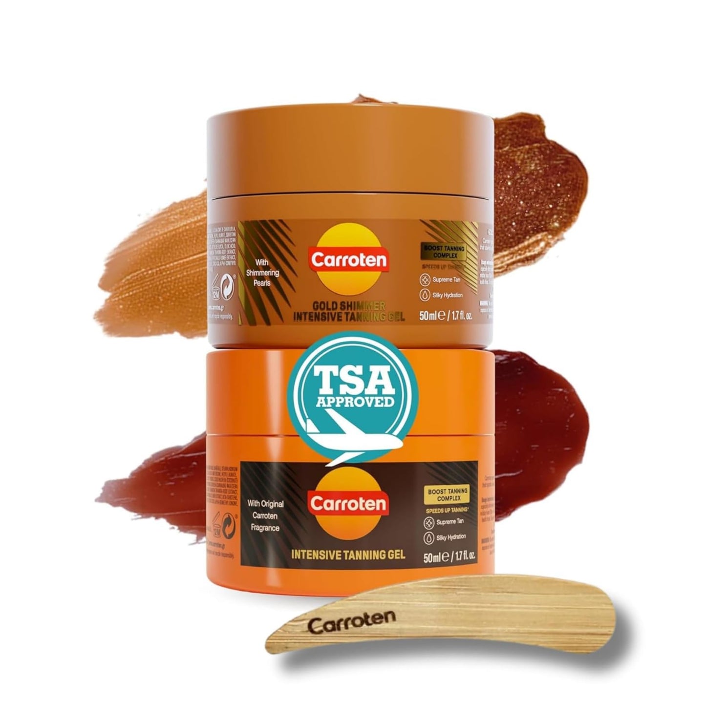 Carroten Mini Intensive + Gold Shimmer Tanning Gels | Travel Size Tan Accelerator & Body Bronzer | Non-Greasy, Water-Resistant | Carrot & Coconut Oil | Vitamin A&E For Hydration |1.7 Oz 2 Pack+Spatula