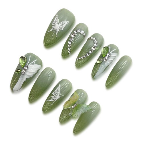 Wsliana Handmade Press On Nails - Long Almond Shape with Green Cat Eye Tip, 3D Butterfly and Diamond Heart Design, 10pcs Glue On Acrylic Fake Nails with Storage Box | Elegant Nail Kit (052 L)