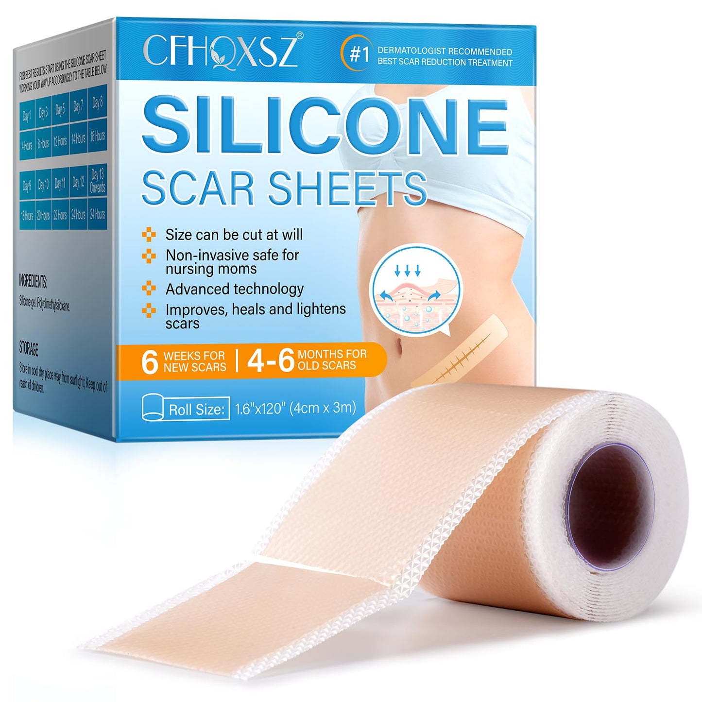 Silicone Scar Sheets, (1.6"X120" Roll-3M) Silicone Scar Tape, Scar Tape for Surgical Scars, Medical Grade Scar Tape with Collagen,For Surgical,C-Section,Tummy Tuck,Keloid Scars, Keloid Bump Removal