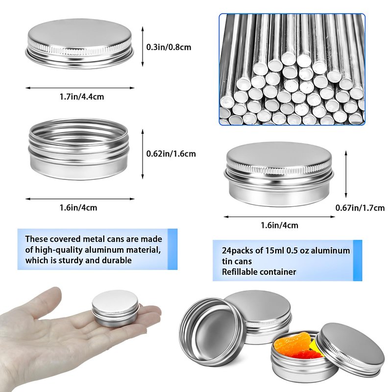 MotBach 24 Pack 0.5oz Tin Jars, 15ml Metal Tin cans, 1/2 Ounce Aluminum tin can jar Containers with Lid for Lotion Bars, Beard Balm, Spices, Salve, Balms, Toiletries, Creams, Samples, Makeup Cosmetic