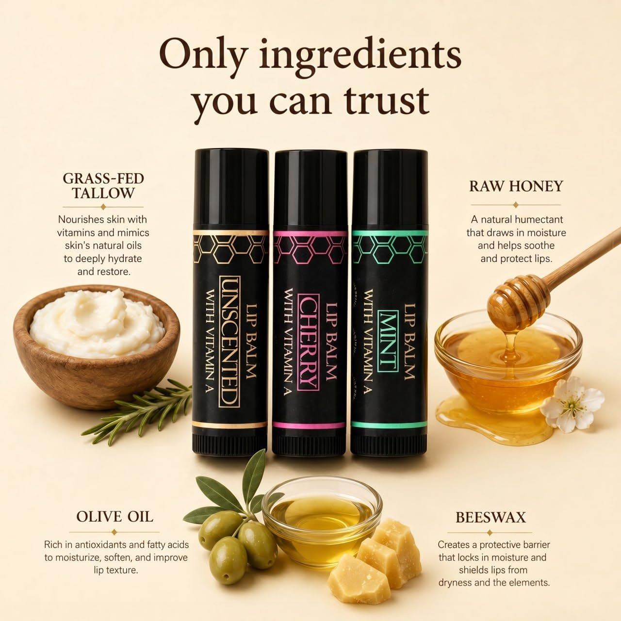 Terra Lotus - Tallow Lip Balm (5 Pack) - Hydrating With Organic Italian Olive Oil, Pure Grass Fed Tallow, and Beeswax - Long Lasting Lip Therapy (Unscented)