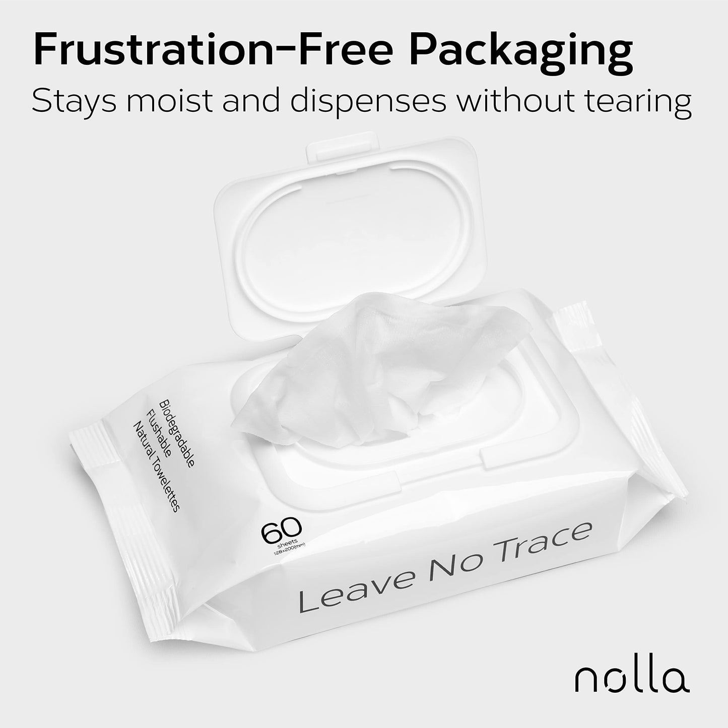 Nolla Flushable Wipes, 100% Plant-Based, Plastic-Free and Biodegradable - For Adults and Kids - Unscented + Soothing Aloe and Vitamin E 360 Count (6 Packs of 60)