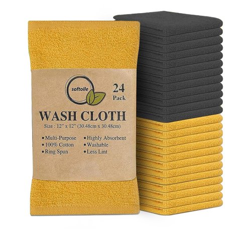 Softolle 100% Cotton Ring Spun Wash Cloths – Bulk Pack of Washcloths – 12x12 Inches – Wash Cloth for Face, Highly Absorbent, Soft and Face Towels (Yellow/Grey, 24 Pack)