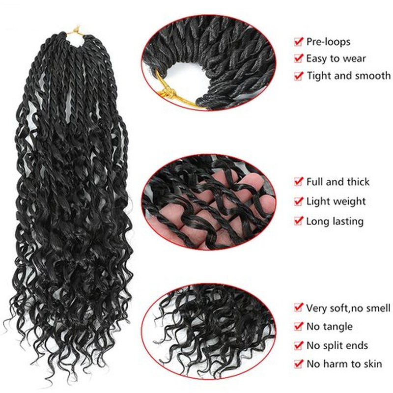 Goddess Twist Braids Crochet Hair With Curly Ends Senegalese Twist Braids Crochet Braids 6 Packs Black color Crochet Synthetic Braiding Hair Extension for Black Women (14inch, 1B)
