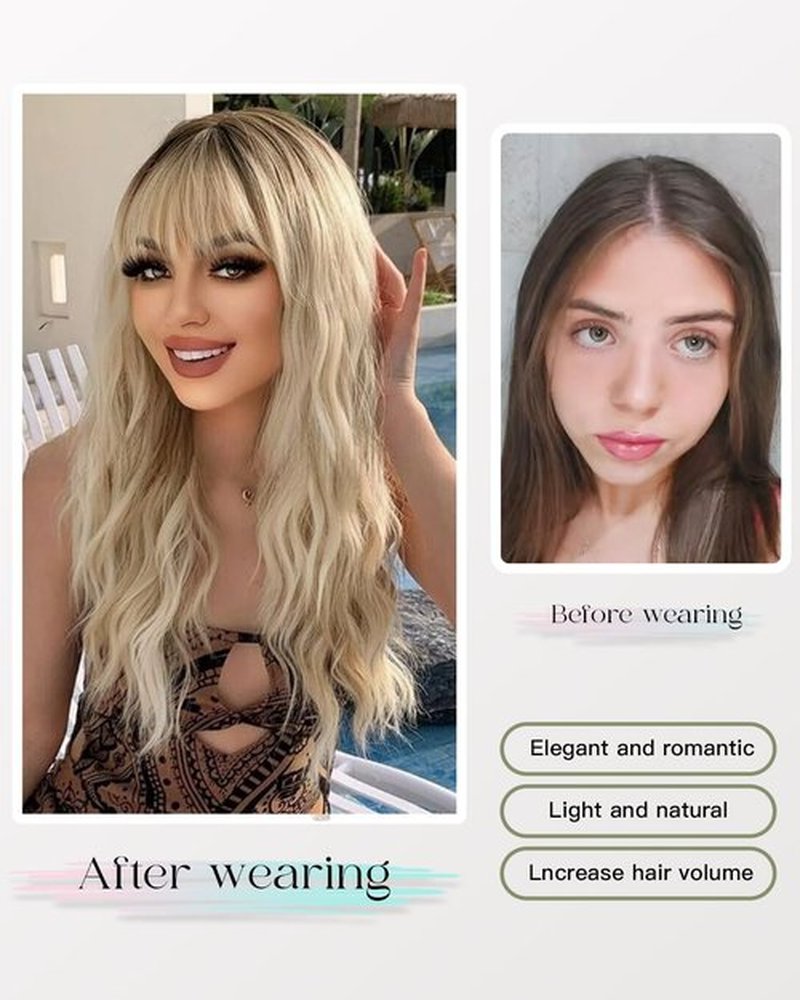 TOPHR Long Ombre Blonde Wig with Bangs 26 Inch Natural Wavy Heat Resistant Fiber Synthetic Wigs for Women Daily or Party Wear